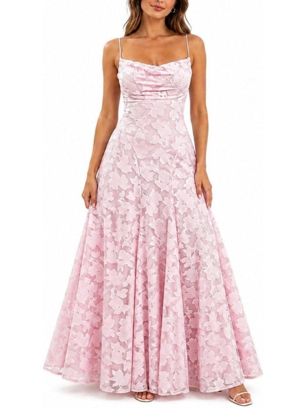 Floral Lace Maxi Dress for Women, Cowl Neck Formal Wedding Guest Gown